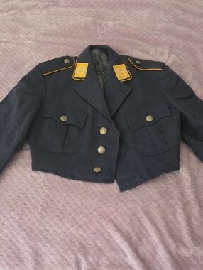 Vintage Navy Cropped Military-Style Jacket with Gold Trim